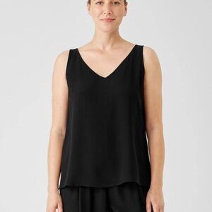 Eileen Fisher V-Neck‎ silk and cotton ribbed Tank Top Black Classic Small